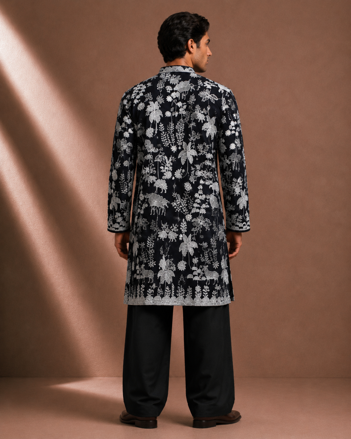 Men's Black Botanical Printed Kurta | Premium Ethnic Kurta for Festive, Wedding & Party Wear