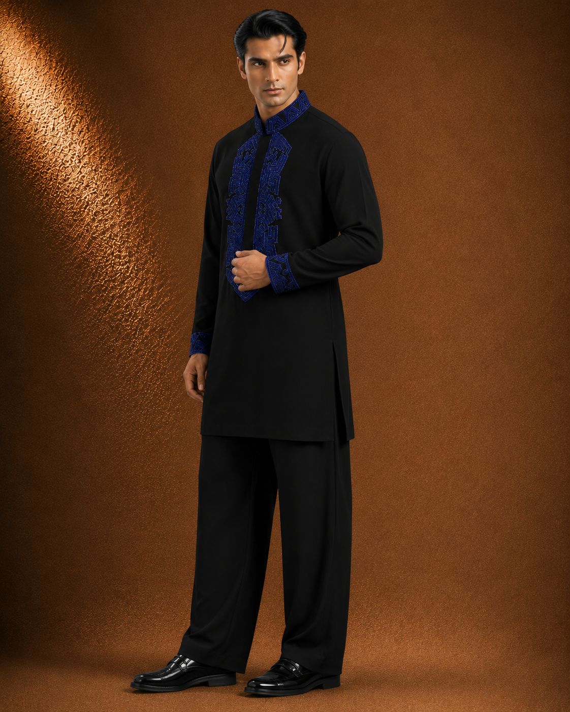 Men's Black Designer Embroidered Kurta | Blue Embroidered Premium Festive Ethnic Wear