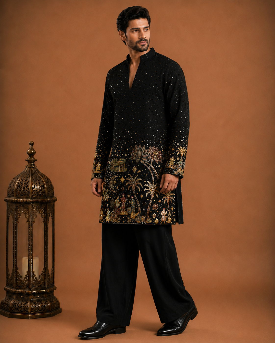 Black Handcrafted Storyteller Embroidered Kurta for Men | Festive & Wedding Party Wear