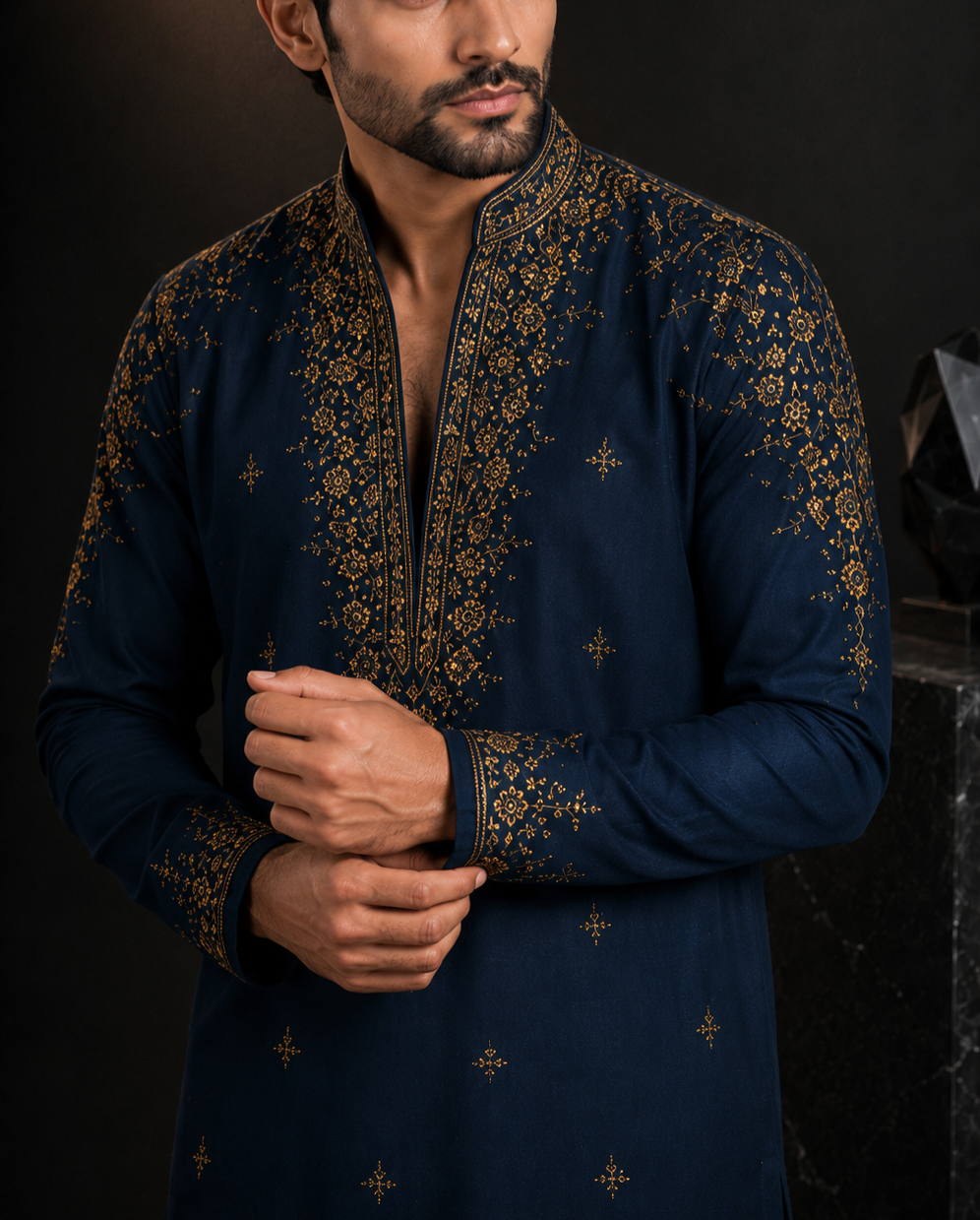 Midnight Navy Blue Gold Embroidered Kurta for Men | Festive & Wedding Party Wear