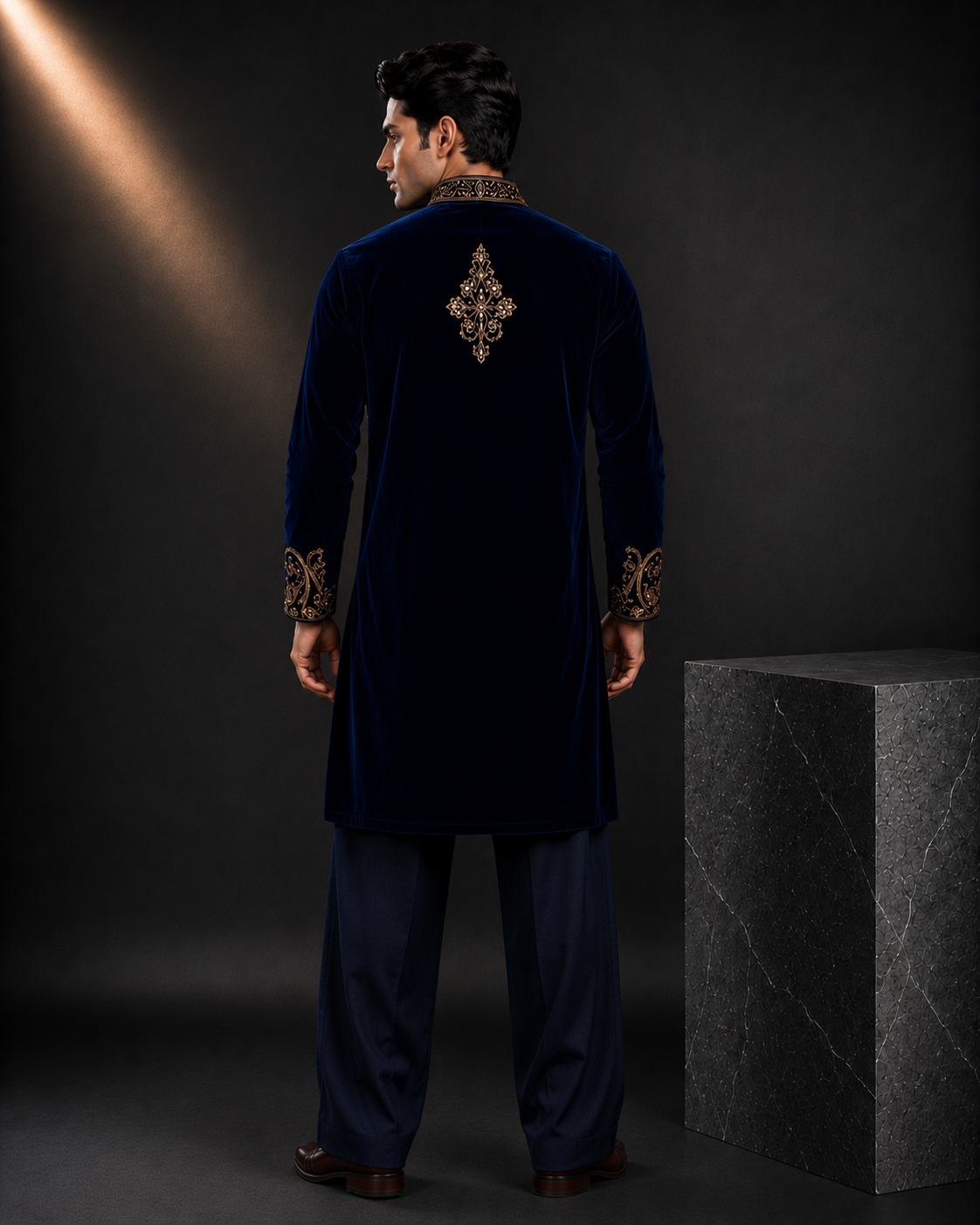 Men's Navy Blue Velvet Embroidered Designer Kurta | Premium Ethnic Kurta for Weddings & Festive Wear