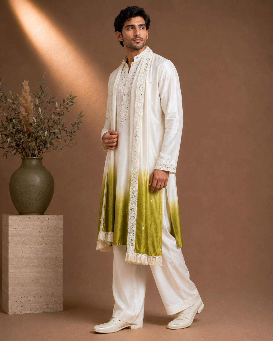 Ivory to Olive Green Ombre Silk Embroidered Kurta with Stole Set for Men | Mehendi & Wedding Festive Wear