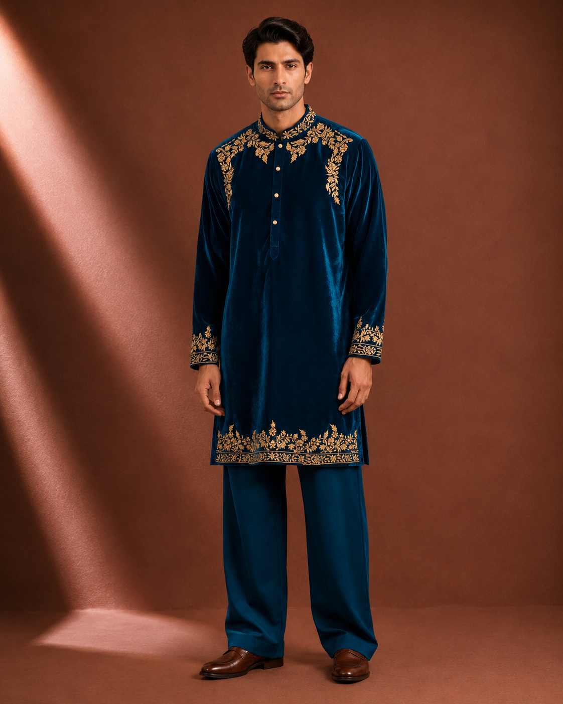 Men's Royal Blue Velvet Embroidered Kurta | Premium Wedding & Festive Ethnic Wear