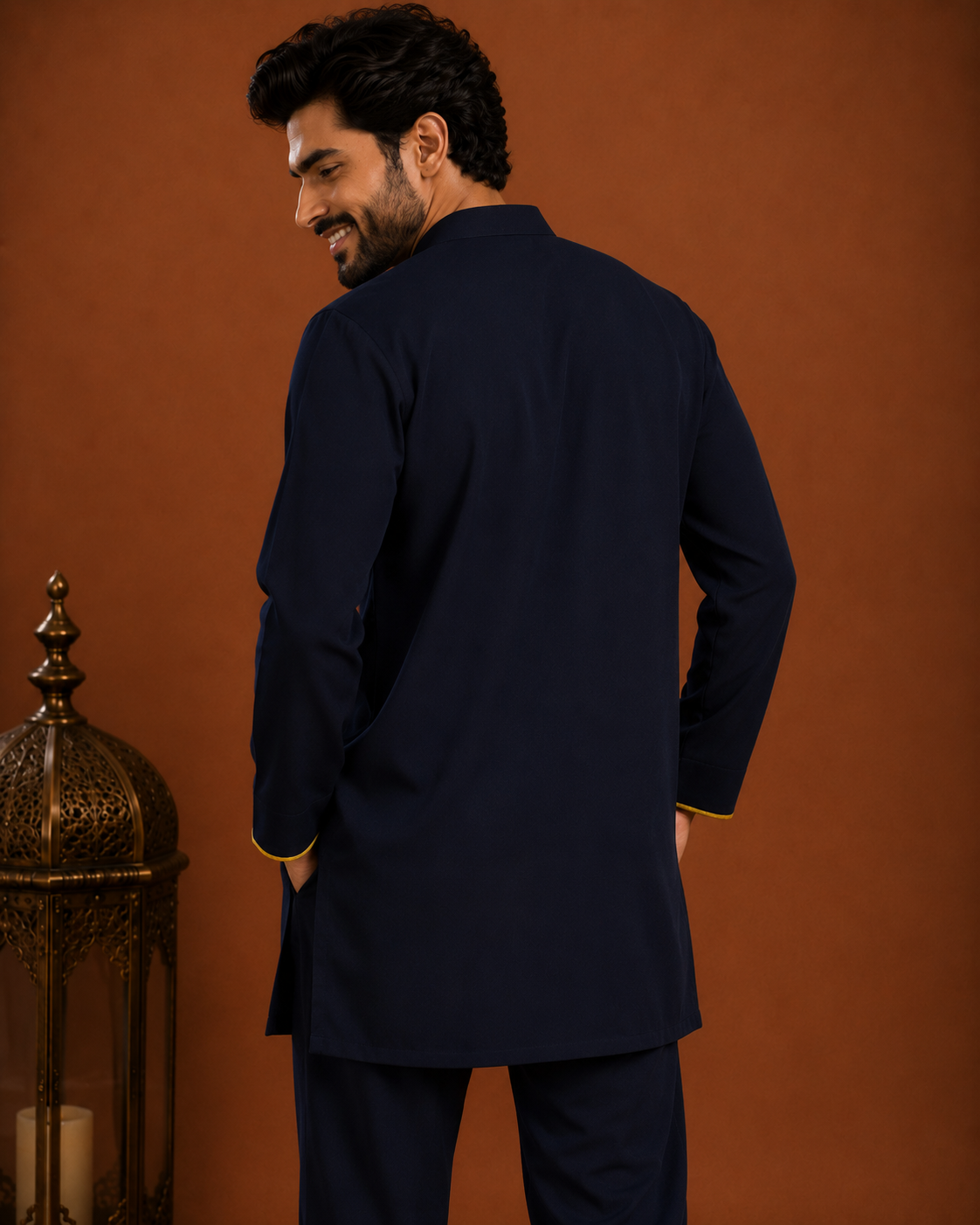 Men’s Navy Blue Embroidered Kurta | Floral & Tiger Motif Ethnic Wear