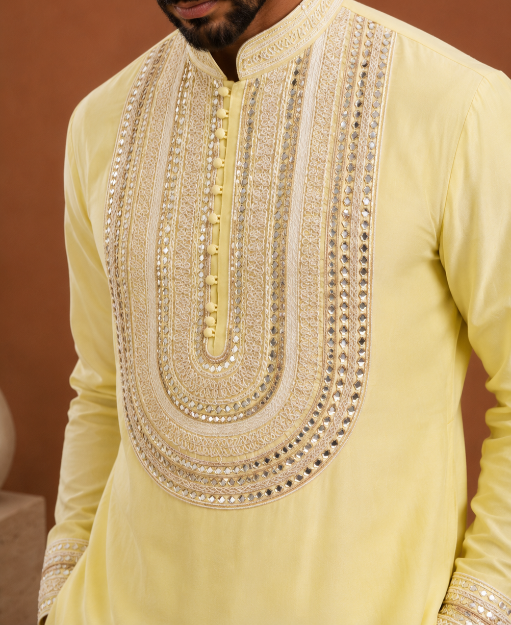Lemon Yellow Embroidered Short Kurta for Men | Haldi & Festive Wedding Wear