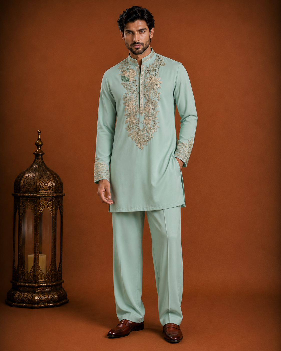 Mint Green Botanical Embroidered Kurta for Men | Festive & Wedding Occasion Wear
