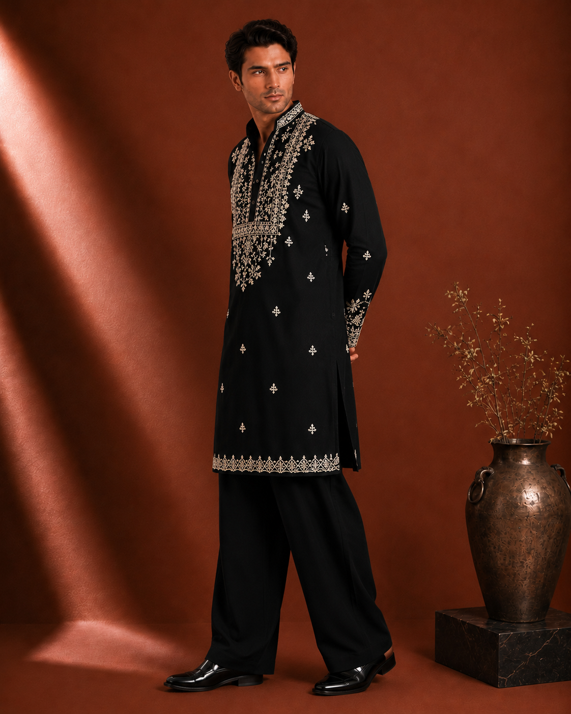 Black Silver-Ivory Embroidered Kurta for Men | Festive & Wedding Party Wear