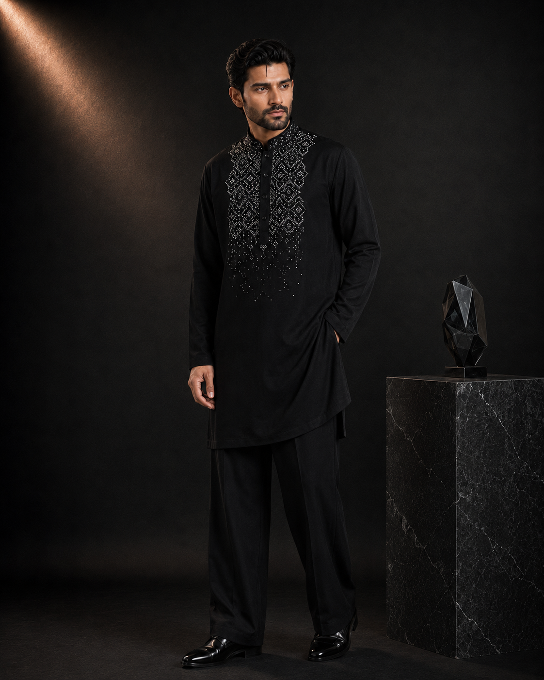 Black Geometric Embroidered Kurta for Men | Party & Festive Wedding Wear