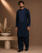 Midnight Navy Blue Tonal Embroidered Kurta for Men | Festive & Wedding Party Wear