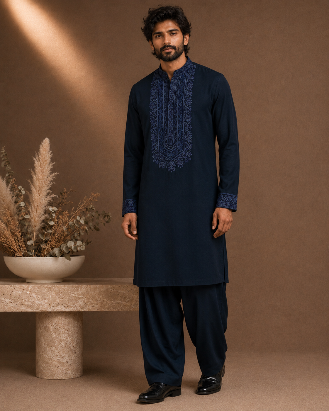 Midnight Navy Blue Tonal Embroidered Kurta for Men | Festive & Wedding Party Wear