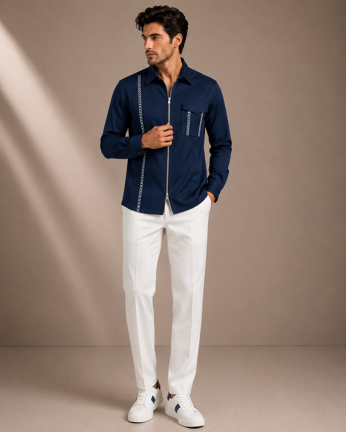 Zip Front Embroidered Premium Navy Blue Shirt
