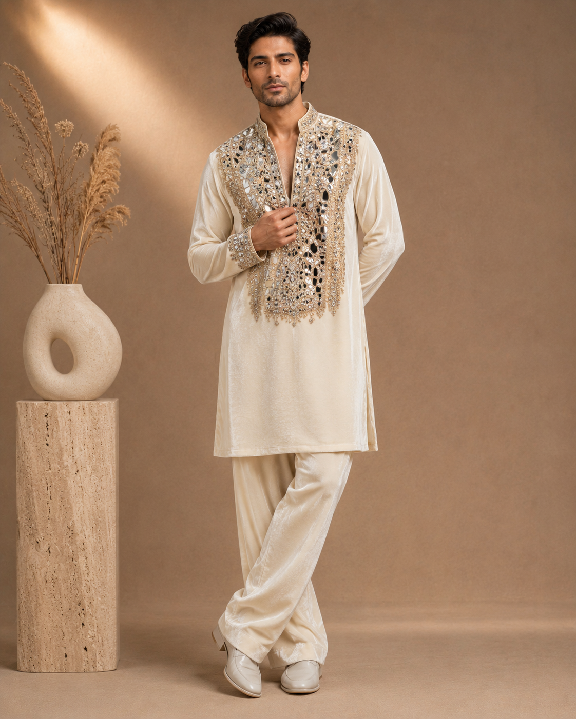 Ivory Velvet Heavy Mirror & Thread Embroidered Kurta for Men | Groom & Wedding Festive Wear