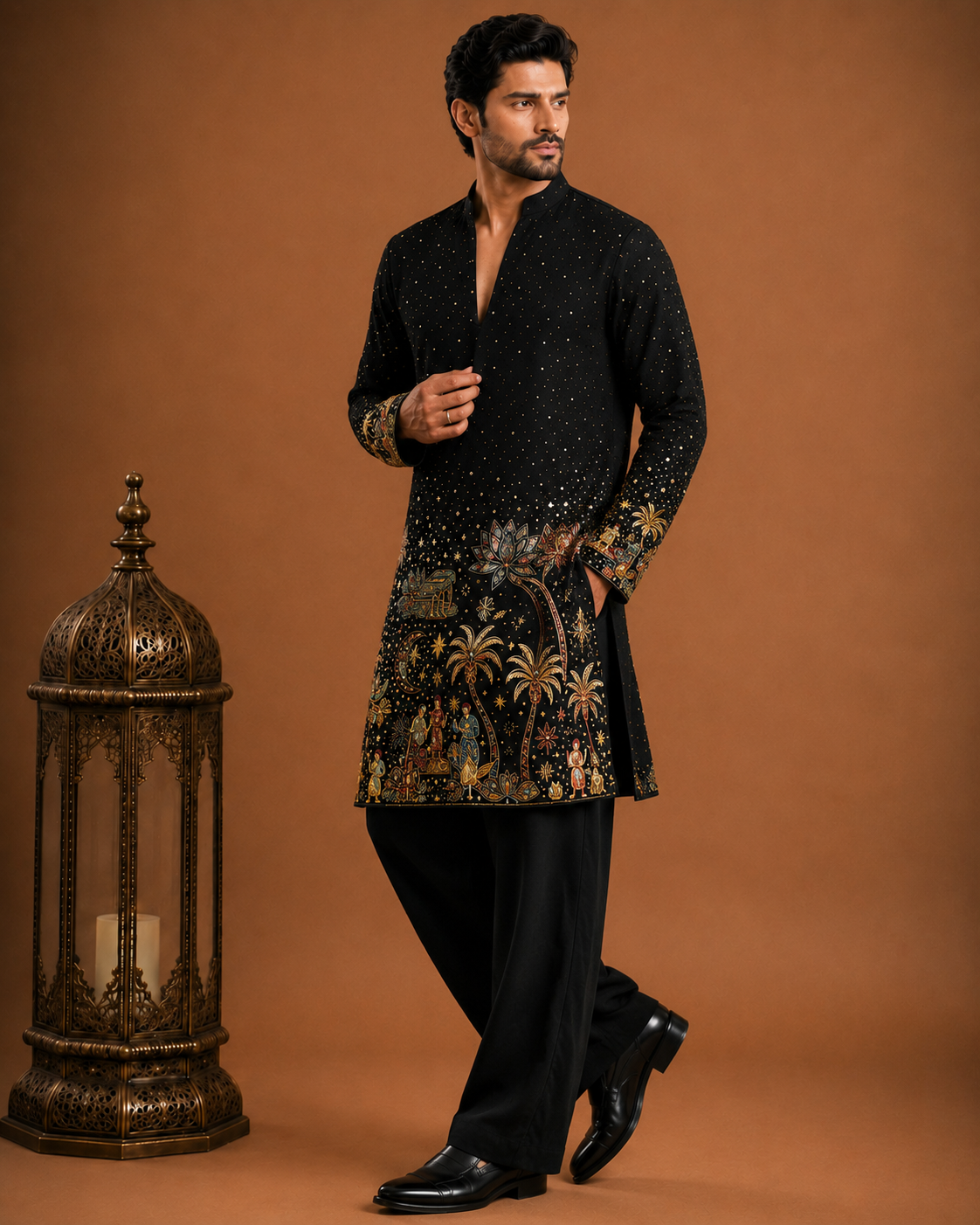 Black Handcrafted Storyteller Embroidered Kurta for Men | Festive & Wedding Party Wear