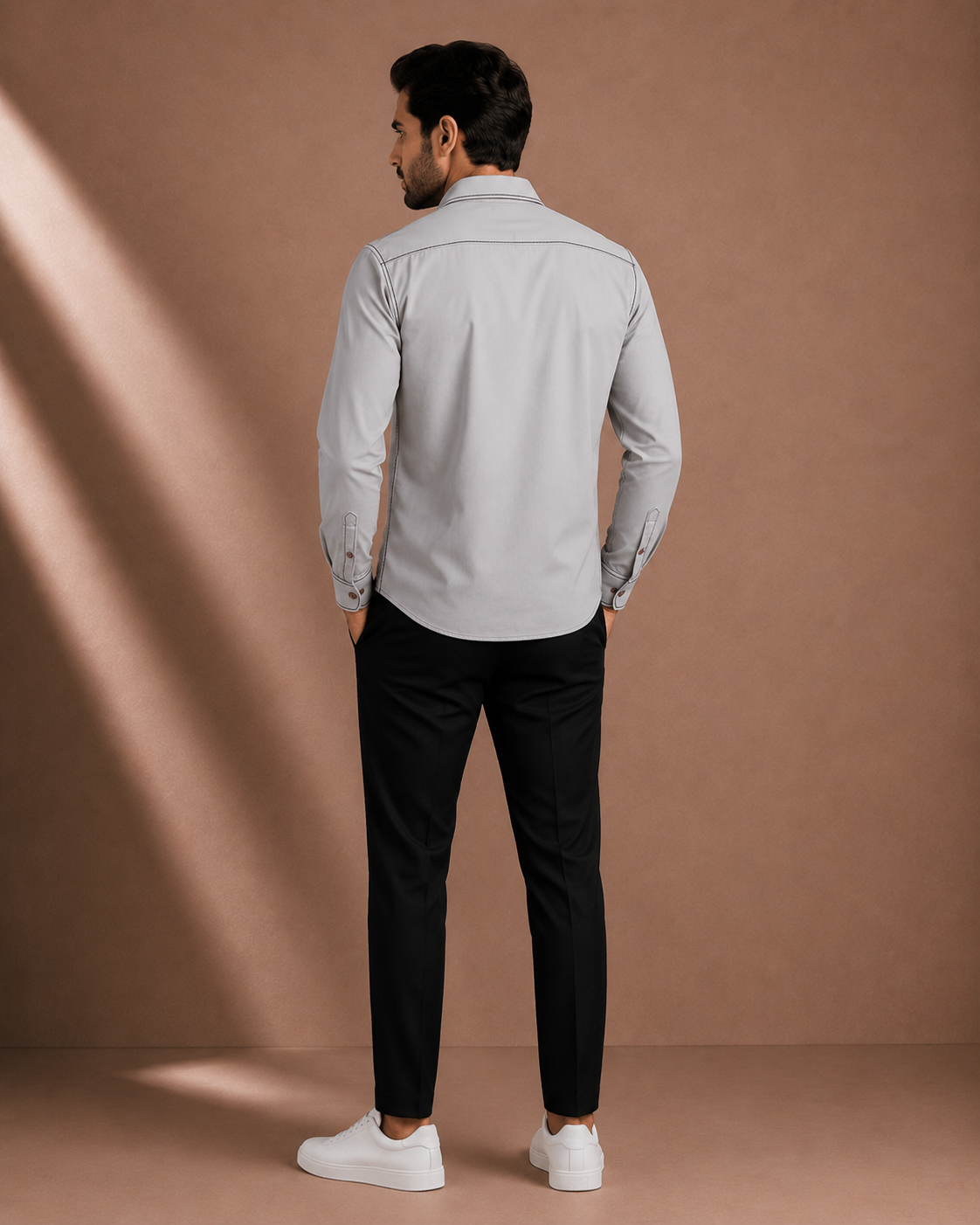 Men's Premium Light Grey Full Sleeve Shirt with Contrast Stitching & Utility Pocket