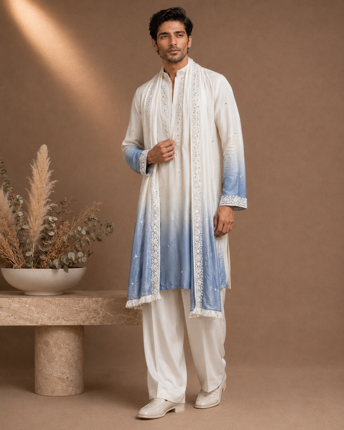 Ivory to Powder Blue Ombre Embroidered Kurta with Stole Set for Men | Festive & Wedding Wear