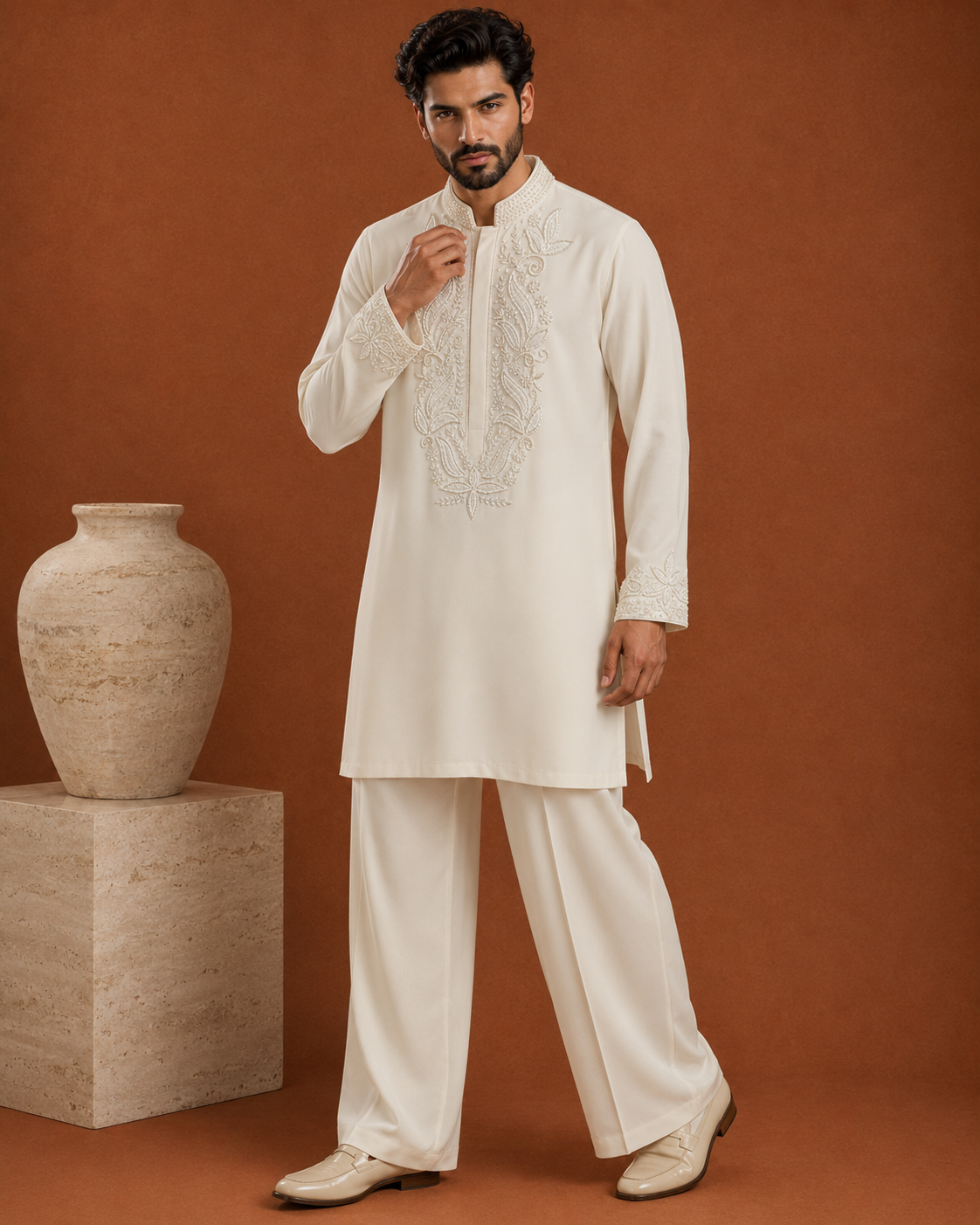 Ivory Embroidered Silk Kurta for Men | Festive & Wedding Wear