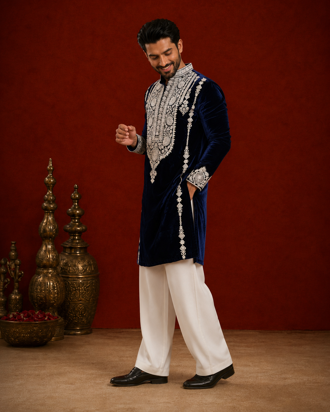 Midnight Navy Blue Velvet Embroidered Kurta for Men | Royal Wedding & Festive Wear