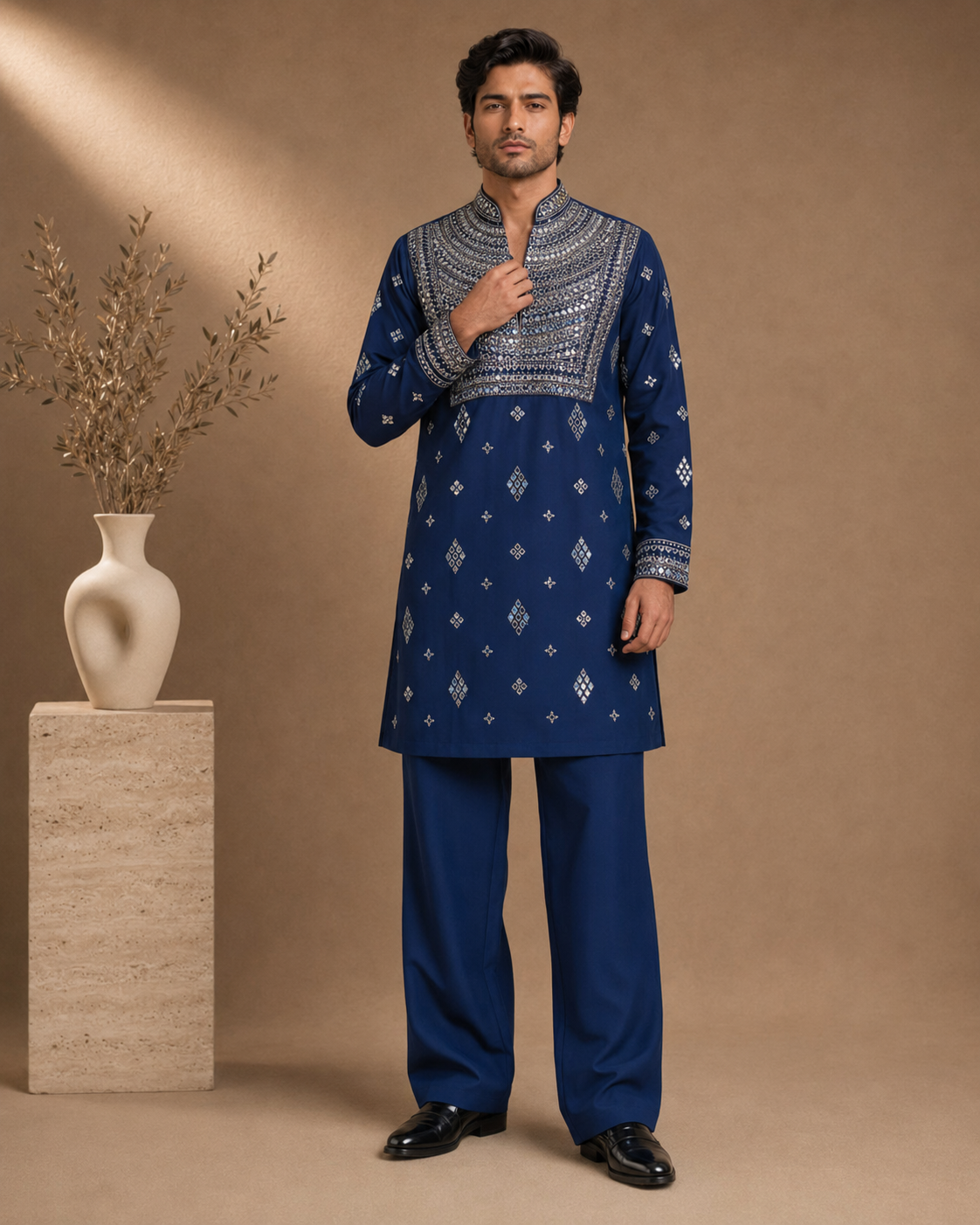 Royal Blue Heavy Mirror Work Embroidered Kurta for Men | Festive & Wedding Party Wea