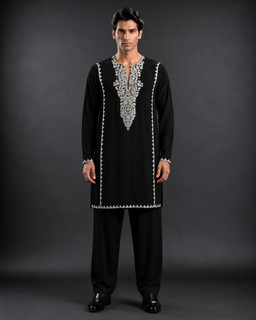 Men's Black Designer Embroidered Kurta | Premium Silver Embroidery Festive Ethnic Wear