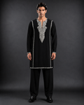 Men's Black Designer Embroidered Kurta | Premium Silver Embroidery Festive Ethnic Wear