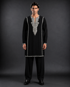 Men's Black Designer Embroidered Kurta | Premium Silver Embroidery Festive Ethnic Wear