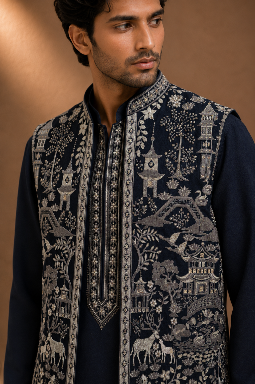 Navy Blue Embroidered Kurta with Nehru Jacket Set for Men | Festive & Wedding Wear