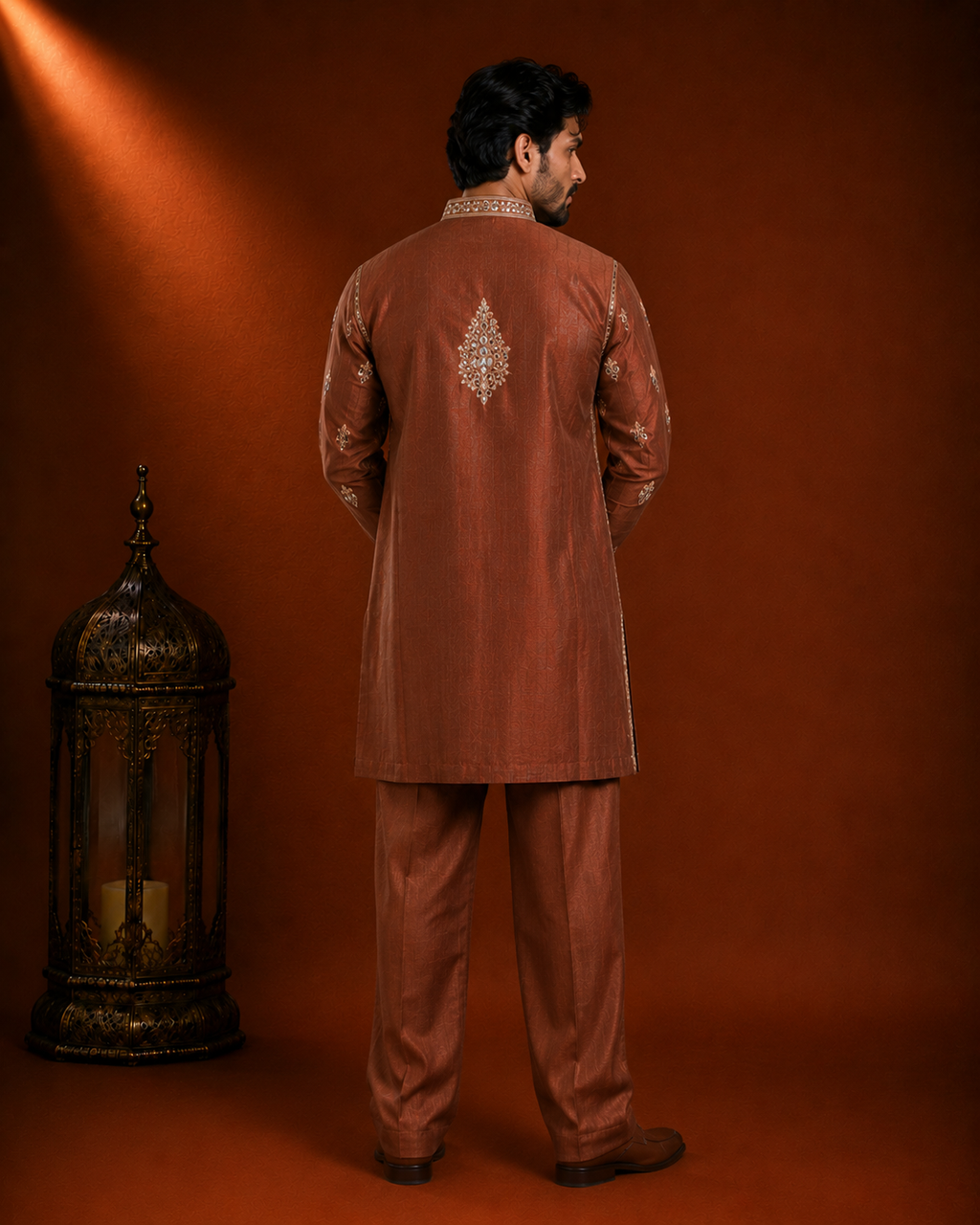 Rust Brown Heavy Mirror Work Embroidered Silk Kurta for Men | Festive & Wedding Wear