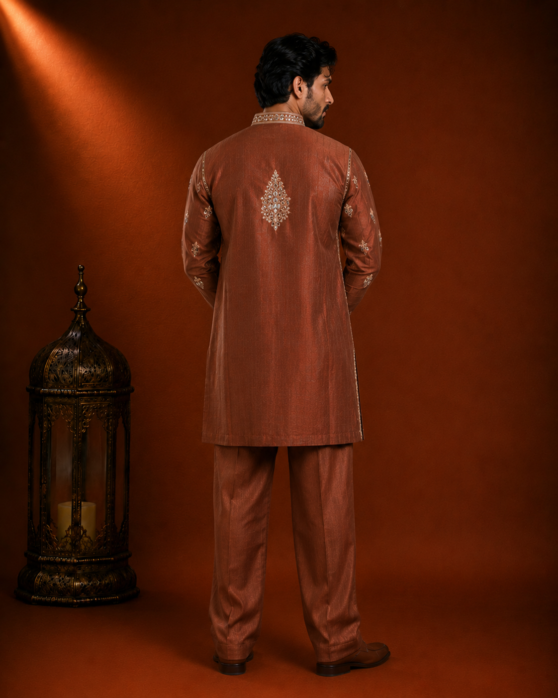 Rust Brown Heavy Mirror Work Embroidered Silk Kurta for Men | Festive & Wedding Wear
