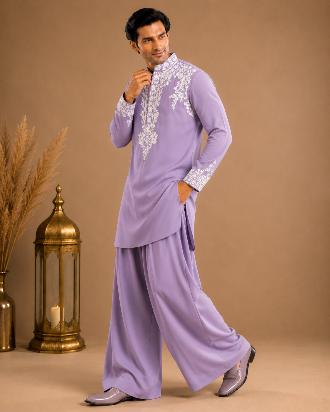 Men's Lavender Embroidered Designer Kurta | Premium Ethnic Kurta for Weddings, Eid & Festive Wear