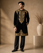 Black Velvet Antique Gold Embroidered Kurta for Men | Festive & Wedding Party Wear