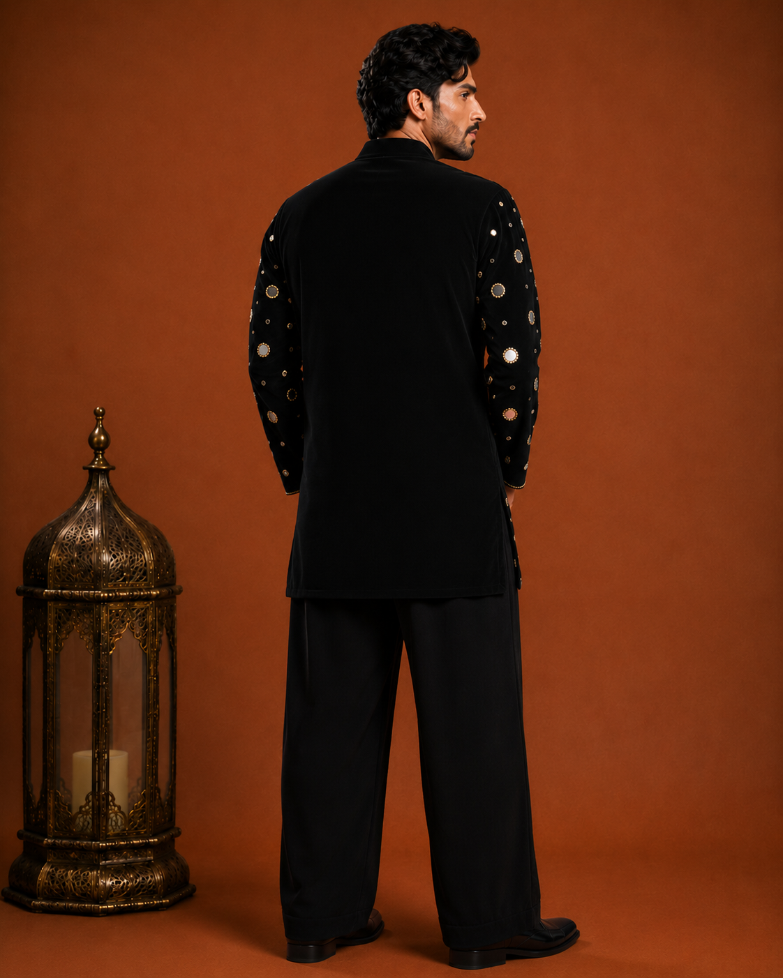 Men’s Black Embellished Kurta | Mirror Work Designer Ethnic Wear