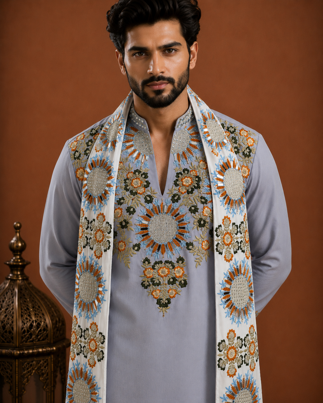Men’s Light Blue Embroidered Kurta with Floral Stole | Premium Festive & Wedding Wear