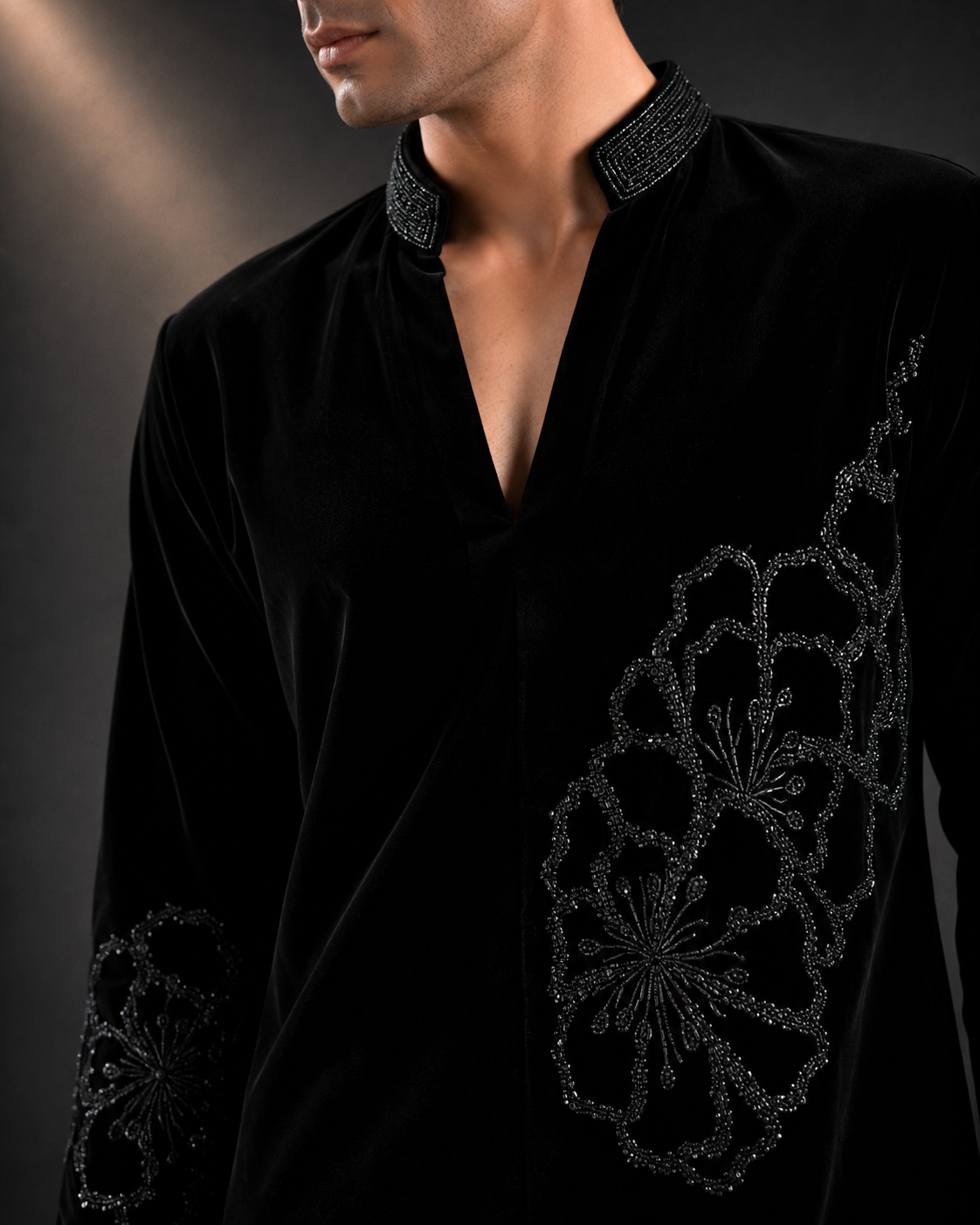 Men's Black Floral Embroidered Designer Kurta | Premium Ethnic Kurta for Weddings, Festive & Party Wear