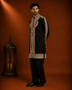 Black Antique Gold Embroidered Kurta for Men | Festive & Wedding Party Wear