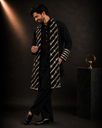 Men’s Black Embroidered Kurta with Designer Stole | Festive & Wedding Wear