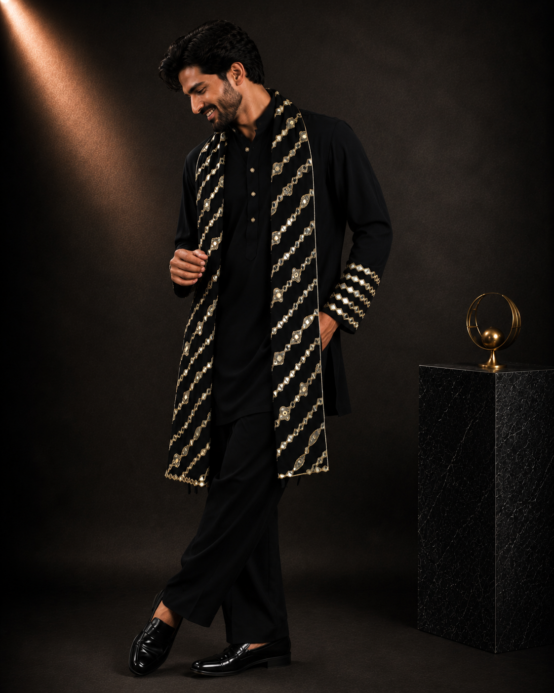 Men’s Black Embroidered Kurta with Designer Stole | Festive & Wedding Wear