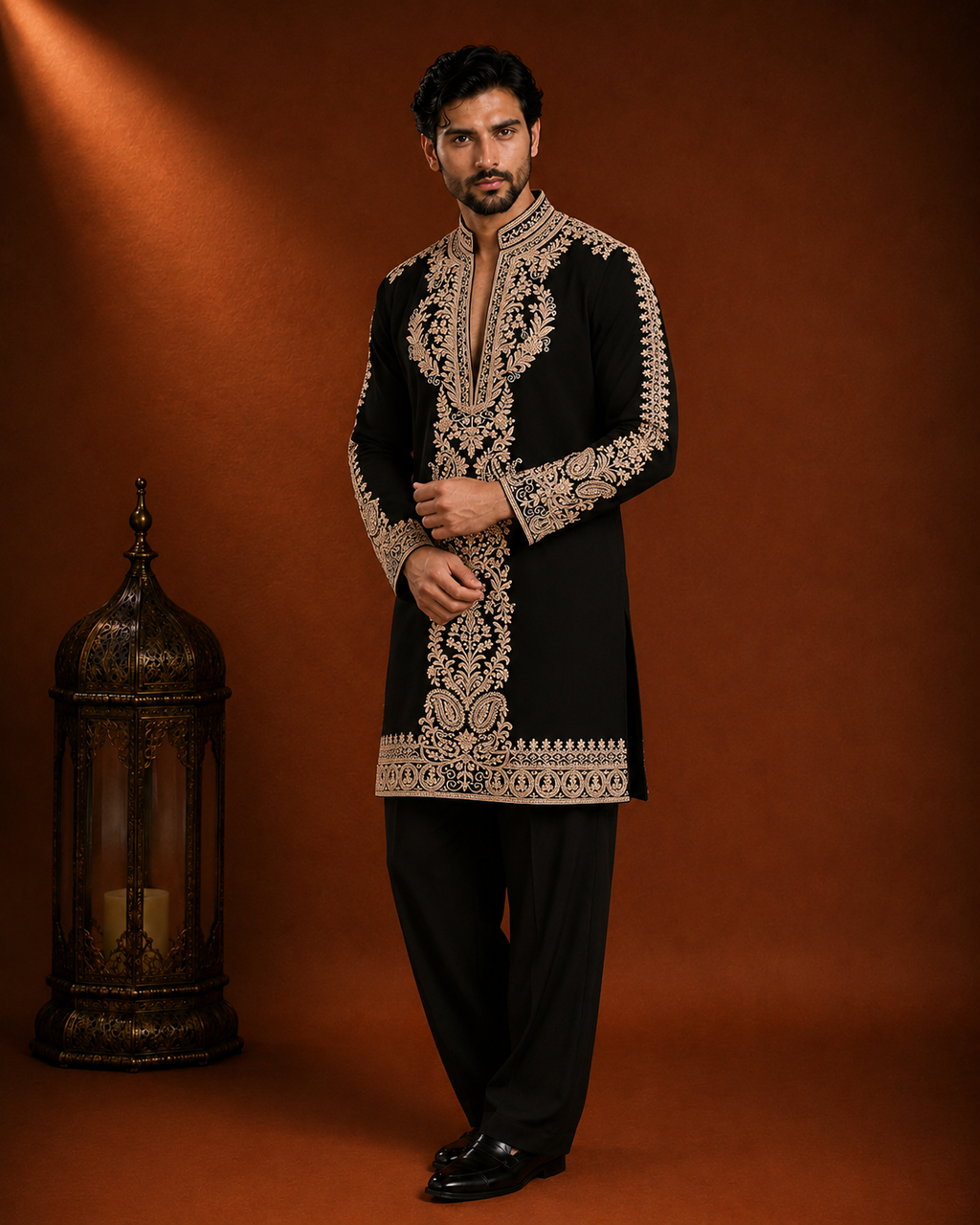 Black Antique Gold Embroidered Kurta for Men | Festive & Wedding Party Wear