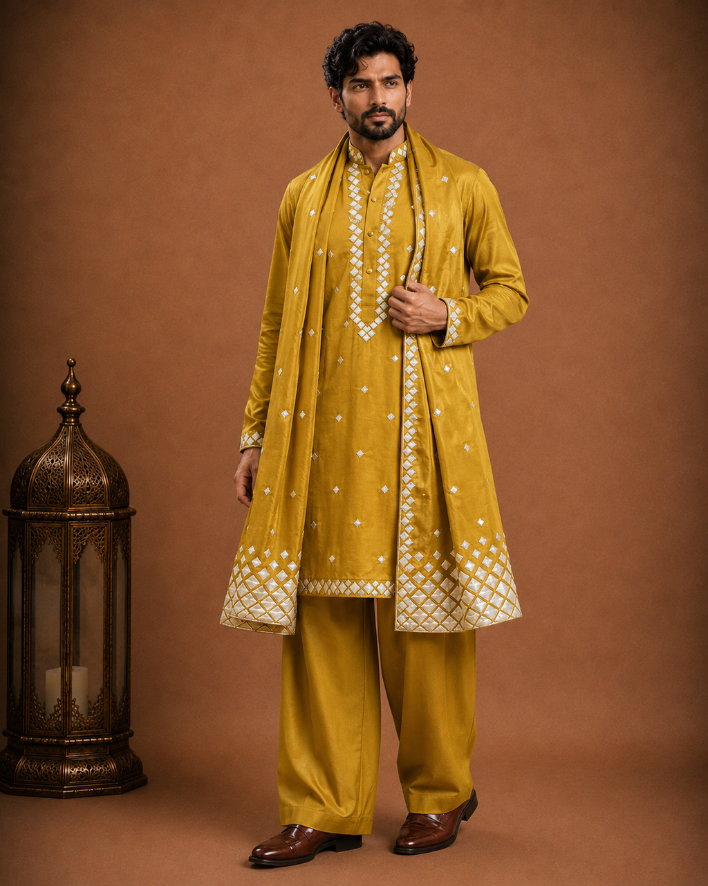 Men's Mustard Embroidered Designer Kurta with Stole | Premium Ethnic Kurta for Weddings, Eid & Festive Wear