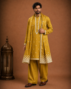 Men's Mustard Embroidered Designer Kurta with Stole | Premium Ethnic Kurta for Weddings, Eid & Festive Wear