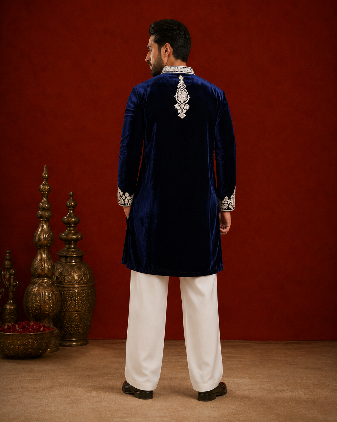 Midnight Navy Blue Velvet Embroidered Kurta for Men | Royal Wedding & Festive Wear