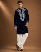 Navy Blue Velvet Embroidered Men's Kurta | Premium Festive & Wedding Ethnic Wear