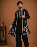 Black Embroidered Kurta with Printed Stole | Men’s Ethnic Wear