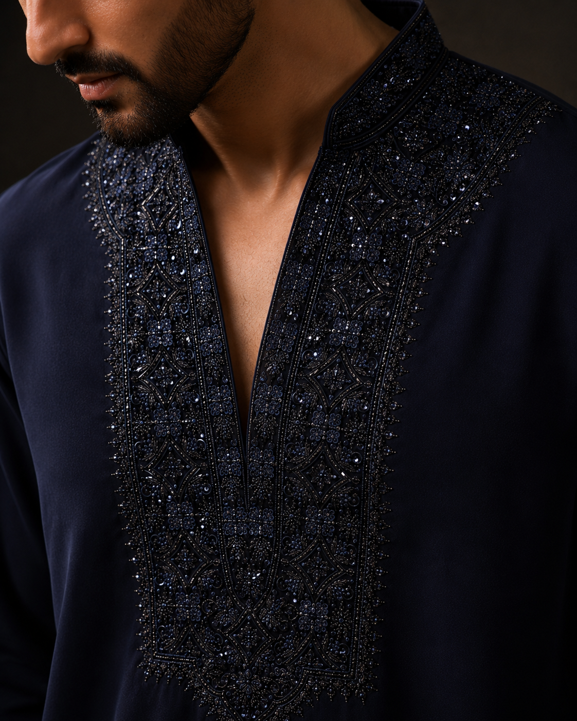 Men's Navy Blue Embroidered Kurta with Designer Open Jacket | Premium Festive Ethnic Wear