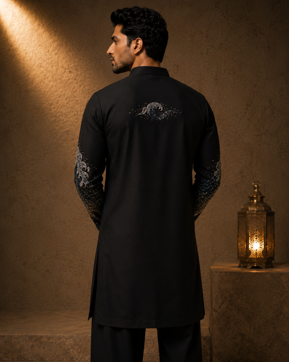 Black Oceanic Wave Hand-Embroidered Kurta for Men | Designer Festive & Party Wear