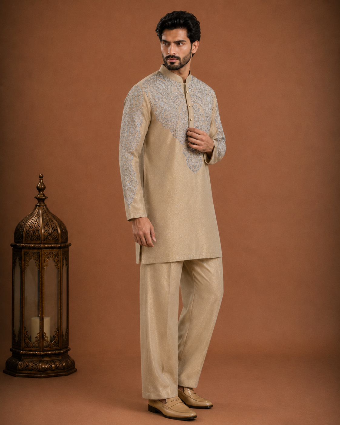 Men’s Beige Embroidered Kurta | Premium Wedding & Festive Ethnic Wear