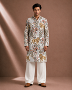 Men's White Lion Print Kurta | Premium Designer Ethnic Kurta for Wedding & Festive Wear