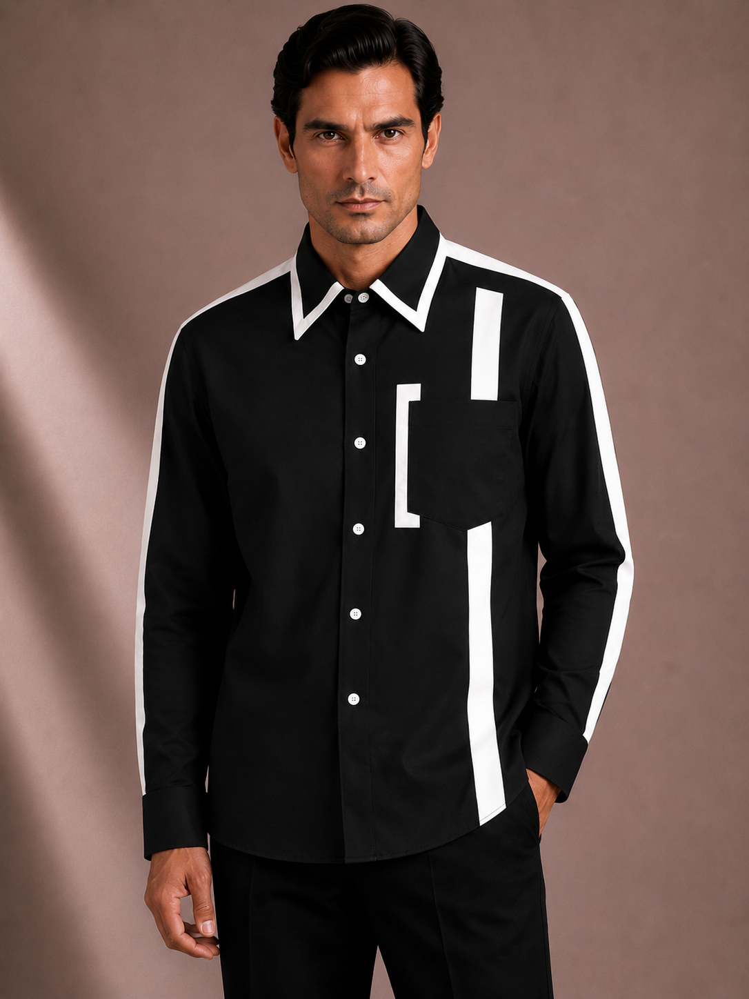 Men's Black Geometric Panel Shirt | Premium Full Sleeve Contrast Stripe Casual Shirt