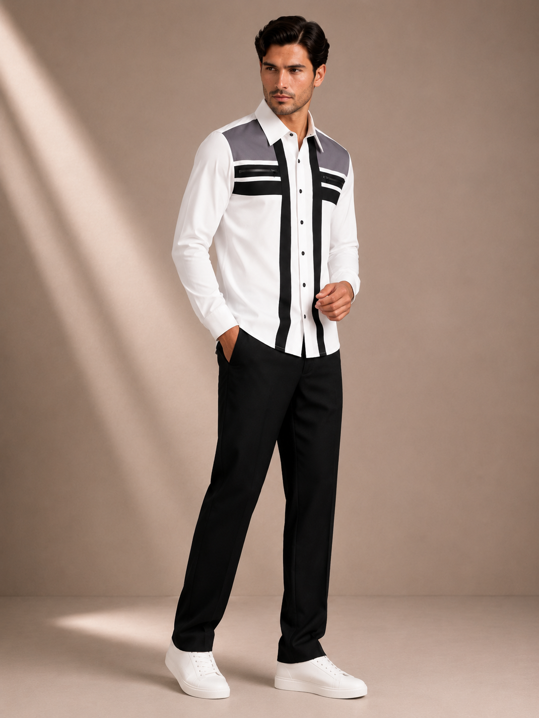 Men's White Designer Panel Shirt with Black Stripe Detail | Premium Casual Formal Shirt