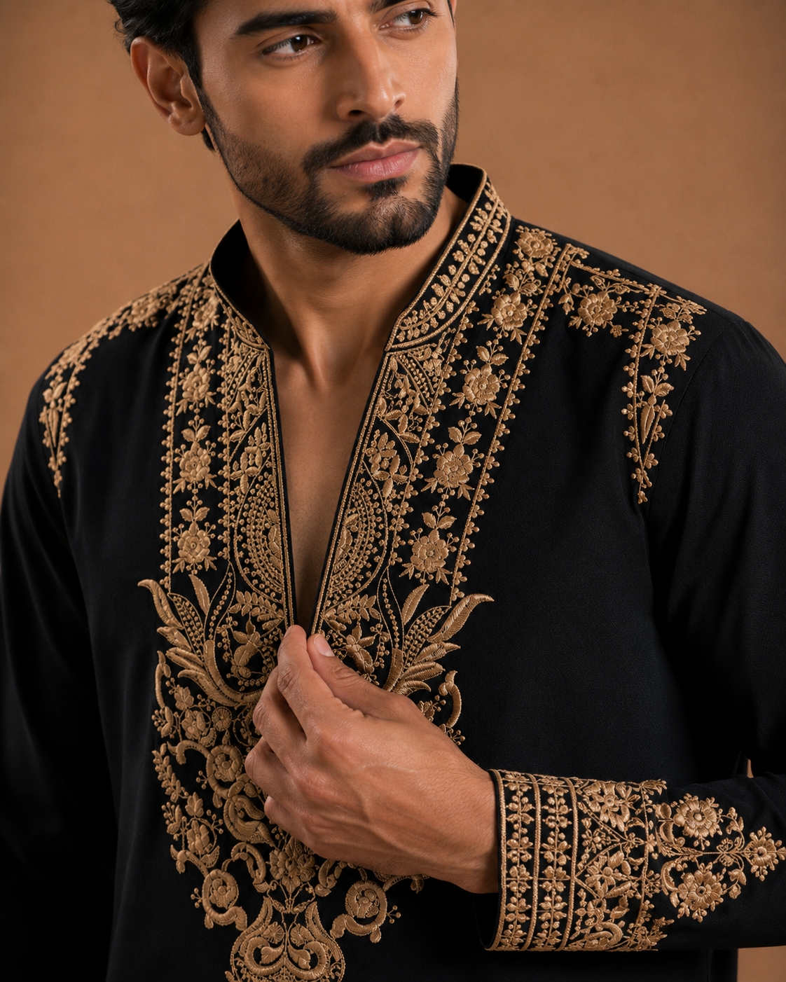 Black Gold Neck-Embroidered Kurta for Men | Festive & Wedding Party Wear