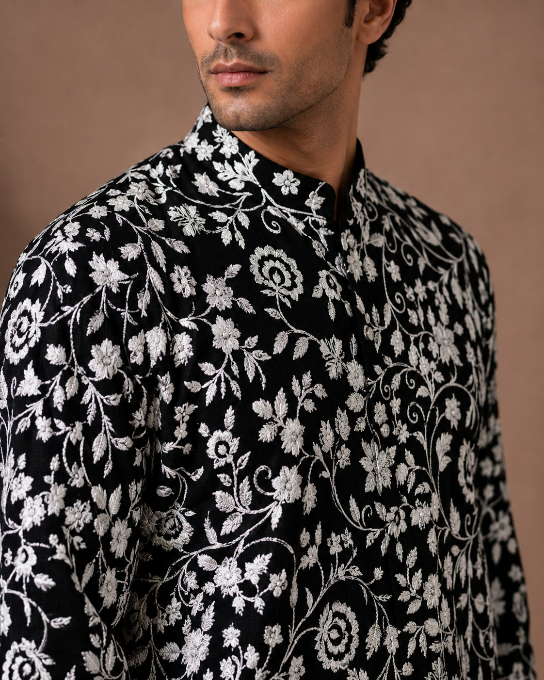 Men's Black Floral Printed Kurta | Premium Ethnic Wear for Festive & Wedding Occasions